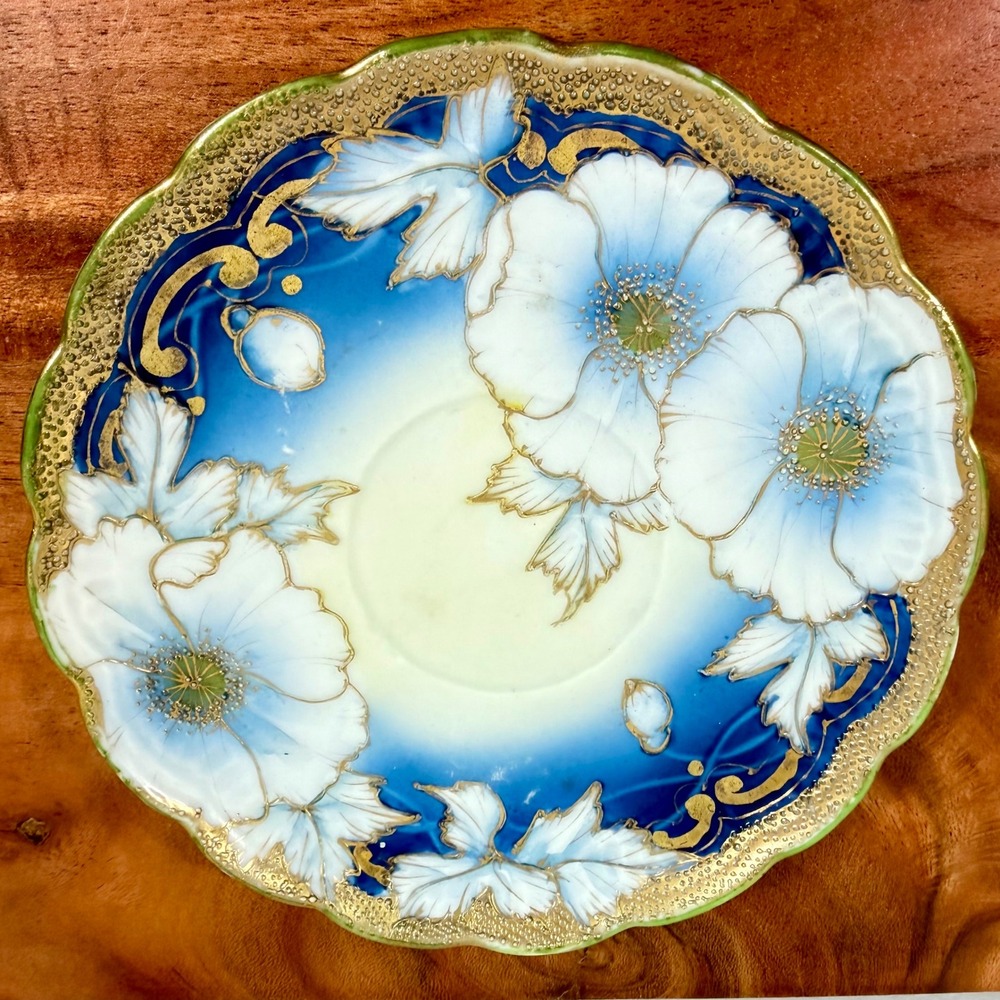Antique I.E.Co Japan Hand Painted Saucer Cobalt Blue White Poppies Gold Moriage